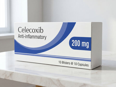 Celecoxib anti-inflammatory medication box on marble table