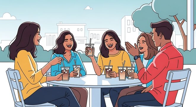 Friends enjoying iced drinks.