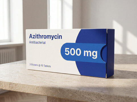 Box of Azithromycin medicine on a stone countertop