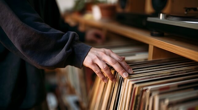 A person s hand gently touches a stack of vinyl records on a wooden shelf near a turntable