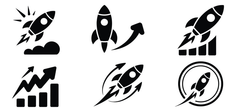 Rocket launch icon set, startup growth symbols, business acceleration concepts, rocket boost illustrations, clean editable vector EPS design