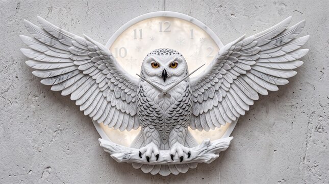 Sculptural wall clock made of natural stone, hand-carved with a snowy owl.