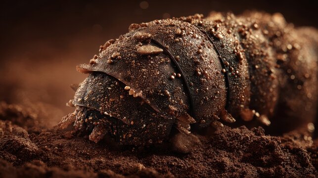 Close-up of a segmented, glistening earthworm cuticle covered in moist soil details