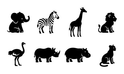 African Safari Animals Silhouette Collection, Cute Baby Elephant, Lion, Giraffe, Zebra, Ostrich, Rhino, Hippo, Leopard Icons © Shakib