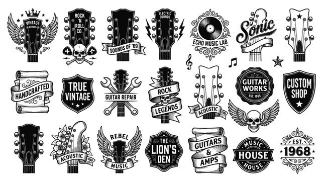 Collection of vintage guitar logos and emblems for music shops and bands transparent background