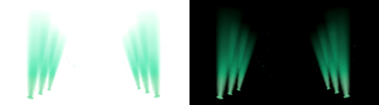 Green Light Beams shine upward in soft glowing cones with drifting sparkle dust in PNG, Transparent and Black Background Versions
