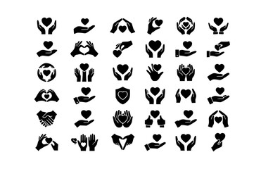 Obraz premium Premium black and white hand holding heart icon pack with modern care charity healthcare and compassion vector symbols isolated on white background