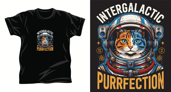 Intergalactic purrfection t-shirt design, astronaut cat exploring cosmos, space travel adventure.