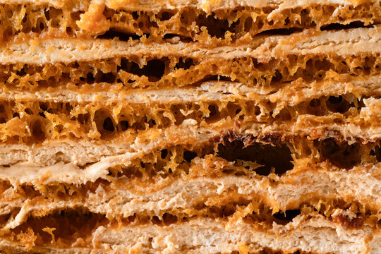 Close-up of layered honey cake pastry crumb texture