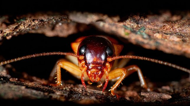 Detailed Macro Shot of an Earwig Insect with Menacing Pincers Emerging from a Dark Natural Crevice