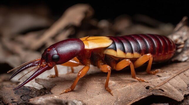 Detailed Macro Shot of an Earwig Insect with Prominent Pincers on a Leafy Surface