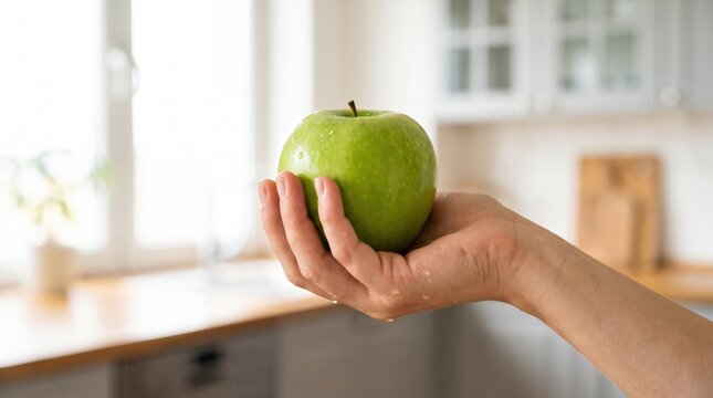 Fresh green apple held in hand in bright kitchen setting