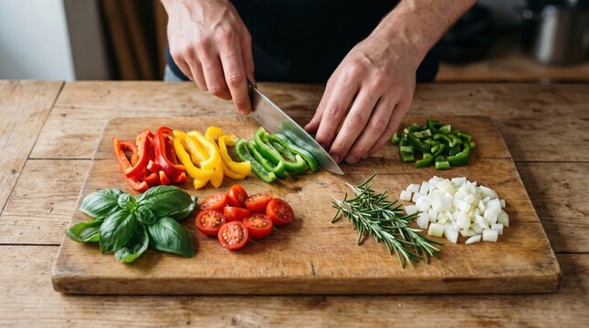 Slicing colorful vegetables on wooden cutting board for cooking