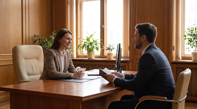 Professional business meeting between a woman and man in an office