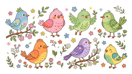 Obraz premium Cute Colorful Cartoon Birds Collection – Flat Vector Bird Clipart Set with Floral Branches, Spring Nature Illustration