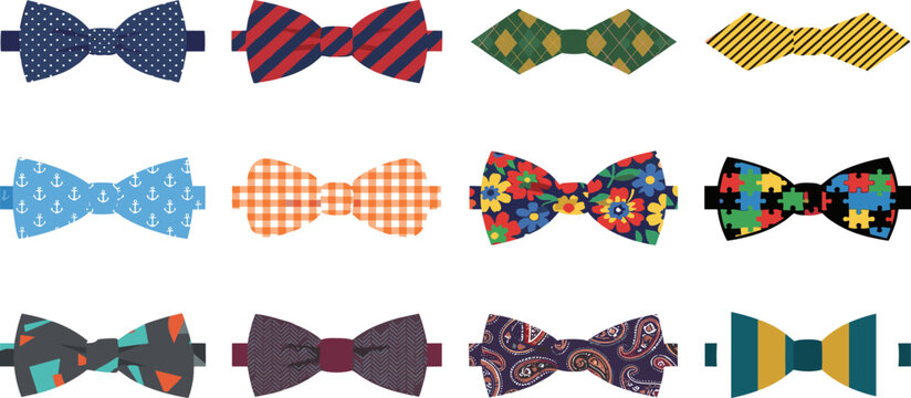 Colorful Patterned Bow Tie Collection with Plaid, Floral, Striped, Paisley, Geometric, and Novelty Formal Fashion Accessory Vector Set