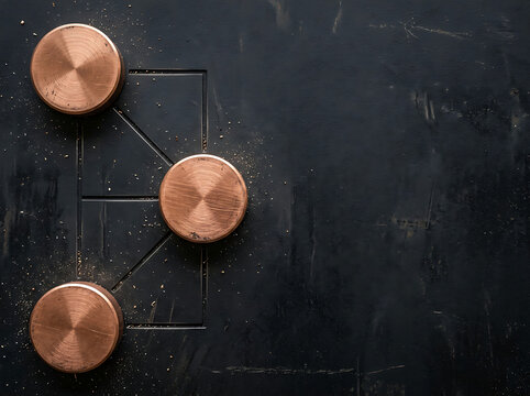 Abstract Copper Discs on Dark Textured Surface A Modern Representation of Interconnectedness and Progressive Flow