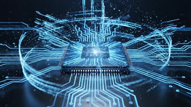 Futuristic microprocessor with glowing blue data flow and high tech digital circuitry background design