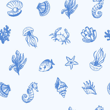 Underwater creatures and plants, seamless pattern, set of vector doodle illustrations, hand-drawn seahorse, shell, jellyfish