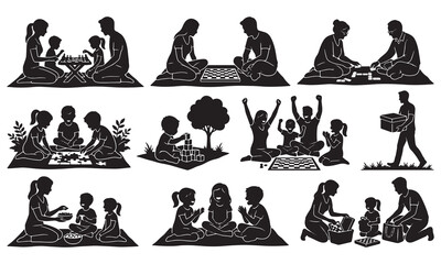 Set of black silhouettes showing families and children playing board games, puzzles, and building blocks together on a picnic blanket in a park or outdoor environment