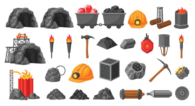 Large collection of mining industry icons including coal carts, helmets, tools, tunnels, and diamonds for industrial design projects.