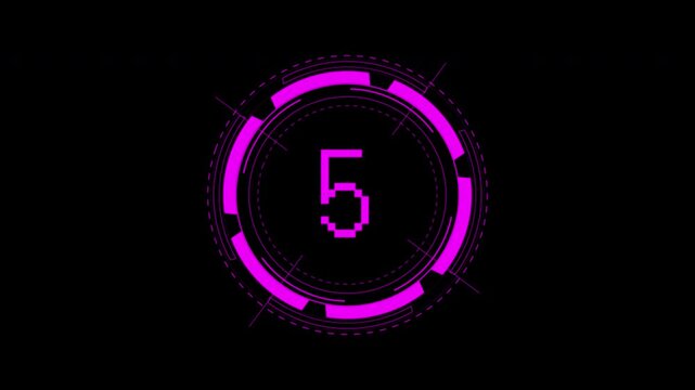 10 second countdown glitch purple digital countdown timer with pixelated number five, suitable for tech presentations, digital art projects, and event promotions.