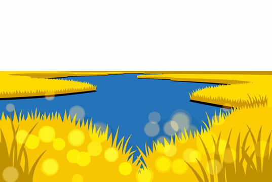 Golden Wetland River Landscape Illustration.