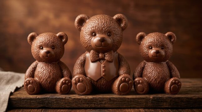 Three chocolate teddy bears on a wooden board. Sweet cocoa figurines for holiday gifts.