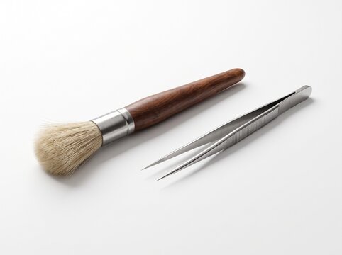 Wooden Handled Soft Bristle Brush and Precision Metal Tweezers on White Background for Restoration or Craft Work