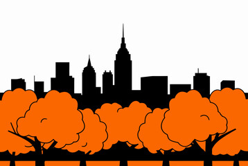 Obraz premium Orange City Skyline With Tree Silhouettes.