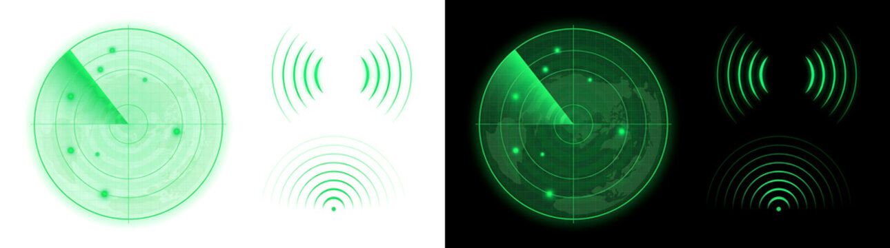Sonar Scan glowing green radar signal wave icon set for technology design with PNG, Transparent and Black Background Versions