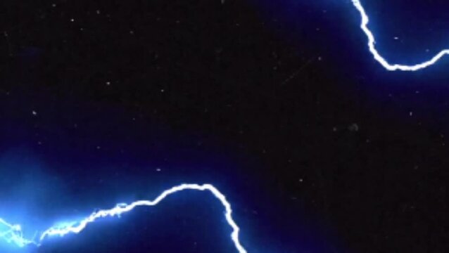 Vivid blue lightning bolts striking through a dark starry night sky with cosmic energy and atmospheric electrical discharge 4K