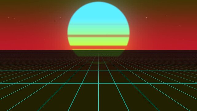 Vivid Vaporwave Landscape Featuring a Retro Neon Sun Setting Over a Digital Grid Surface with Synthwave Mountain and Aesthetic Eighty Glitch Effect in Vibrant Pink and Cyan Hue.