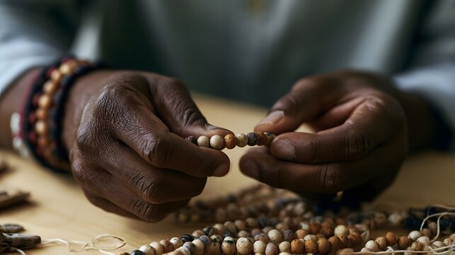 Close up view of hands carefully stringing colorful beads to create a unique handmade bracelet