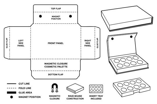 Magnetic cosmetic palette box die cut template Vector