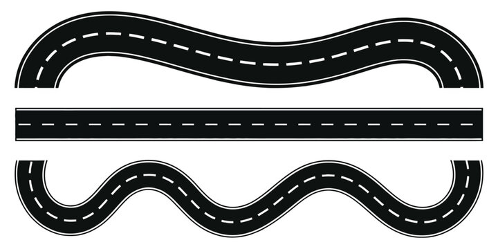 Road icons featuring winding, straight, and curvy paths with dashed lines for navigation, transportation, mapping, and travel design