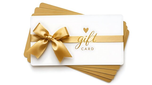 Stack of white gift cards with gold ribbon bow and printed heart icon, shopping