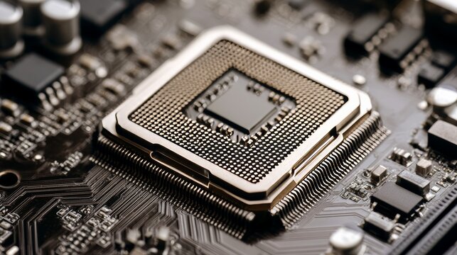 Close-up view of a computer processor on a circuit board in a technology setting