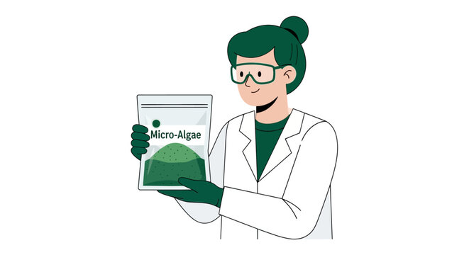 Female Scientist Holding Micro-Algae Supplement Bag Illustration - Biotechnology, Sustainable Food, and Biofuel Concept