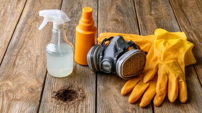 general household cleaning supplies and gloves