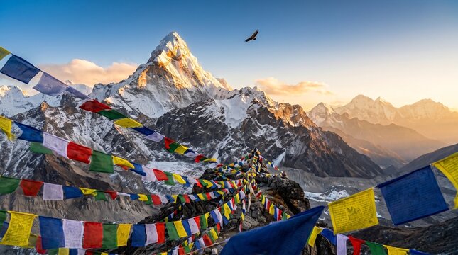 Majestic Himalayan mountain peak with colorful Buddhist prayer flags, snowy alpine landscape at sunset, spiritual trekking scenery in high mountains isolated PNG with Transparent Background