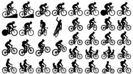 Collection of various black silhouette icons depicting people riding bicycles in different poses and situations.