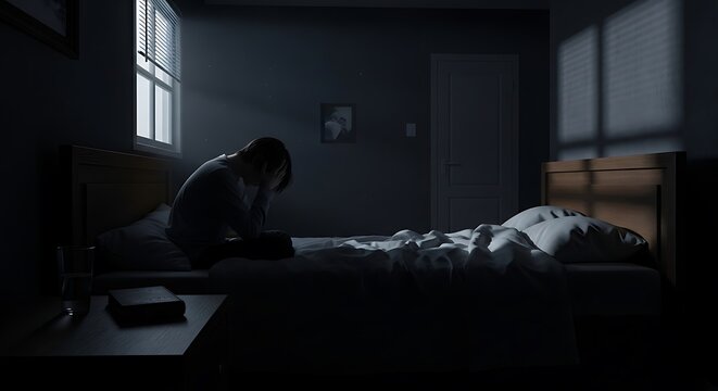 Woman sitting alone in dark bedroom at night silhouette feeling lonely and depressed with messy bedding and moonlight from window mental health depressed distress