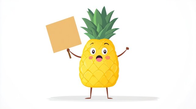 Cute pineapple holding sign, cartoon fruit, surprised expression