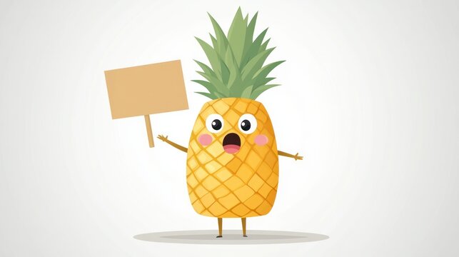 Cute cartoon pineapple holding sign, whimsical fruit character, cheerful expression