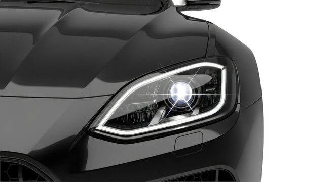 high-performance luxury sports coupe's metallic black bodywork featuring an intensely illuminated led matrix headlight with a sharp starburst flare, isolated on a transparent studio background.