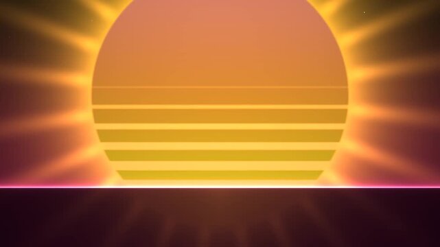 Vibrant Retrowave Outrun Landscape with Glowing Neon Sun and Digital Rays over a Cyberpunk Grid Horizon in a Nostalgic Eighties Synthwave Style Background with Purple and Pink Hues