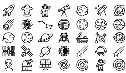 Space Exploration Outline Icons Astronomy Thin Line Symbol Set Vector © MdAsif