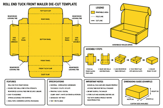 Roll end tuck front mailer box die cut template Vector