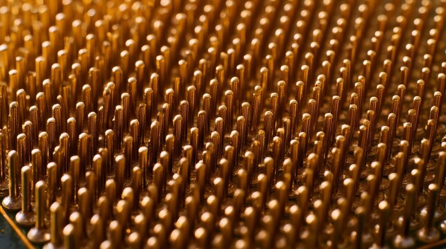 Close look at many small metal pins on a surface in a workshop